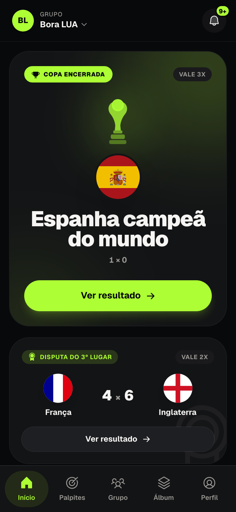 Tela inicial do Chutaí celebrando a Espanha campeã do mundo