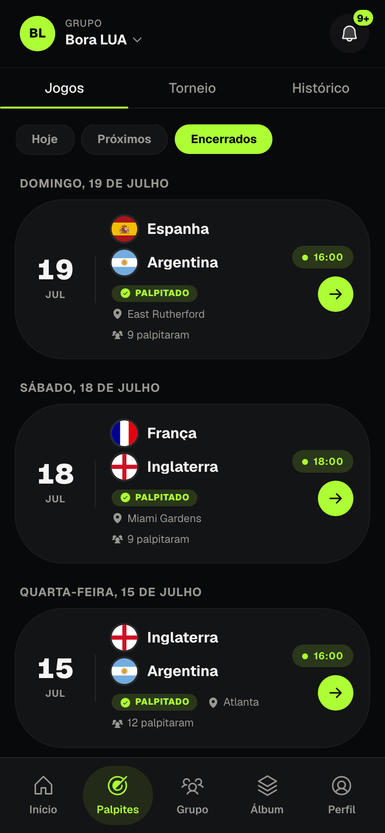 Lista de jogos encerrados com os palpites registrados