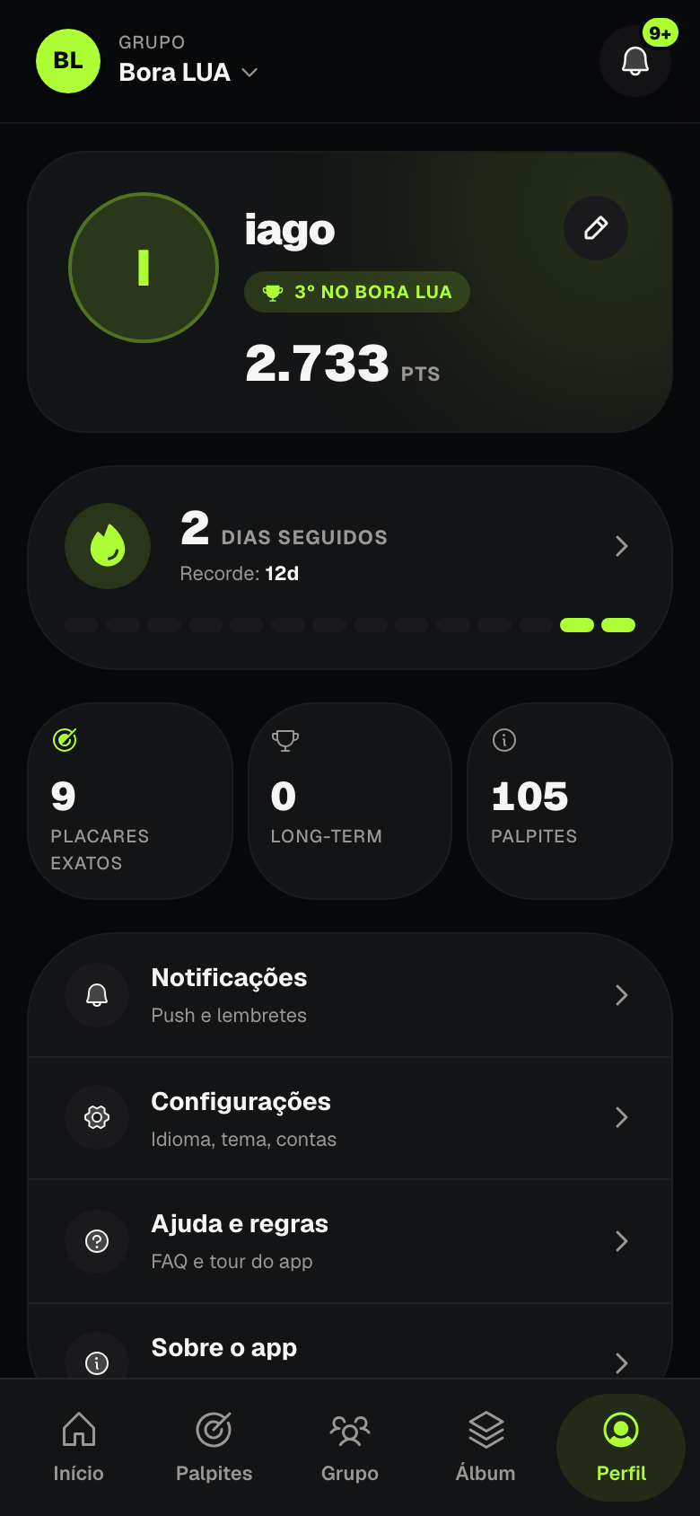 Perfil do jogador com streak, placares exatos e total de palpites
